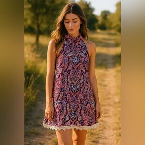 EUC Altar’d State Paisley Print Halter Mini Dress w/crochet fringe – Sz S